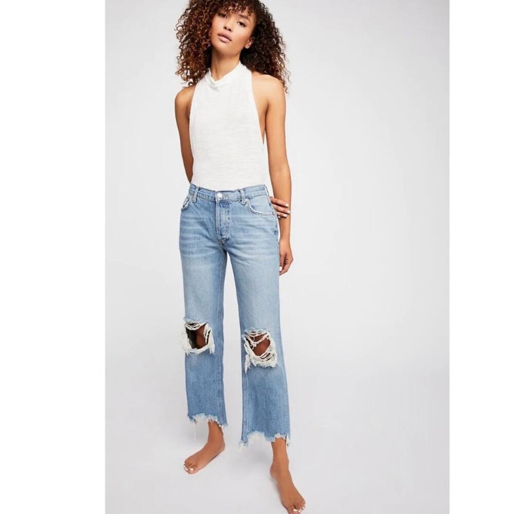 Free People Maggie Straight Leg Mid Rise Distressed Denim Jeans